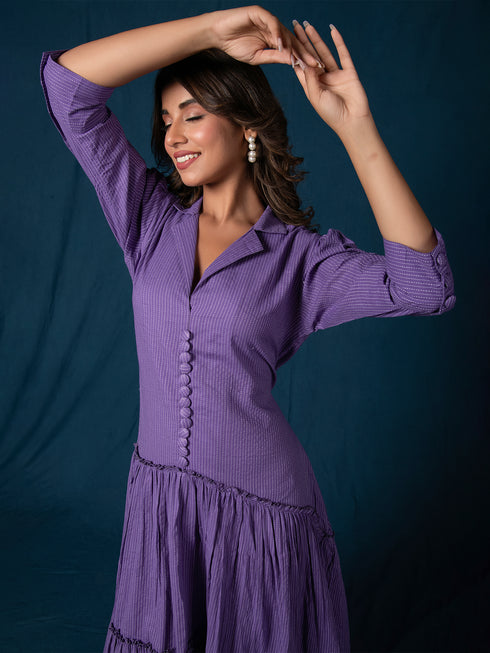 BREEZY PURPLE COTTON KANTHA TIERED DRESS BREEZY PURPLE COTTON KANTHA TIERED DRESS