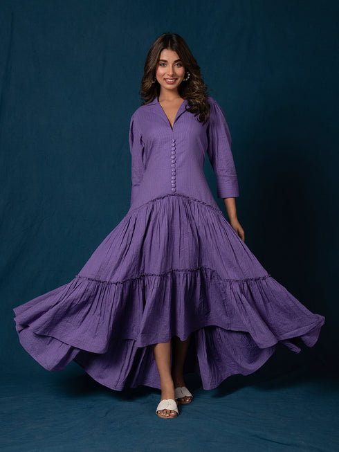 BREEZY PURPLE COTTON KANTHA TIERED DRESS BREEZY PURPLE COTTON KANTHA TIERED DRESS