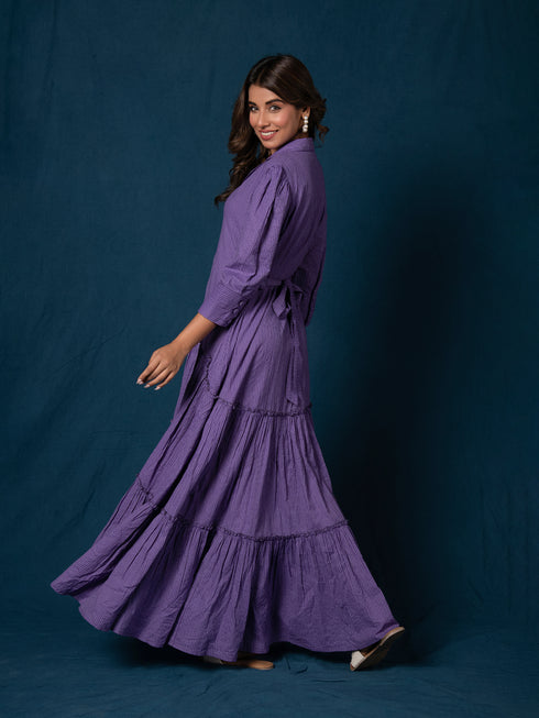 BREEZY PURPLE COTTON KANTHA TIERED DRESS BREEZY PURPLE COTTON KANTHA TIERED DRESS