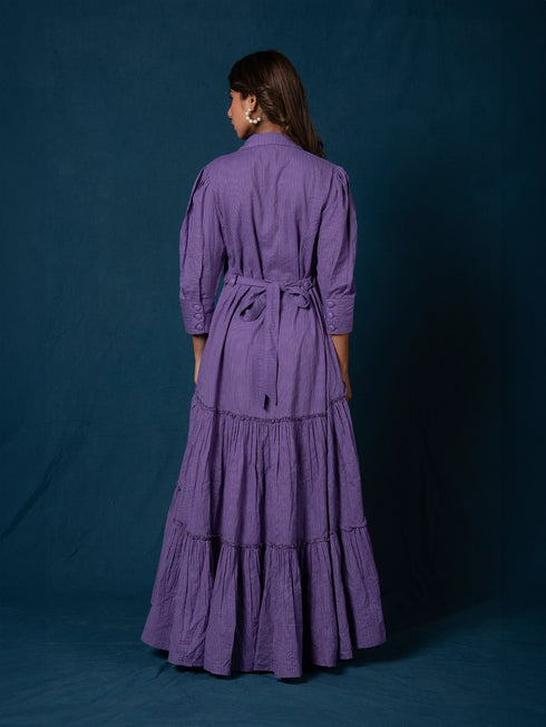 BREEZY PURPLE COTTON KANTHA TIERED DRESS BREEZY PURPLE COTTON KANTHA TIERED DRESS
