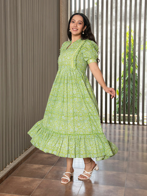 MULMUL GREEN FLORAL JAAL BLOCK PRINTED DRESS MULMUL GREEN FLORAL JAAL BLOCK PRINTED DRESS