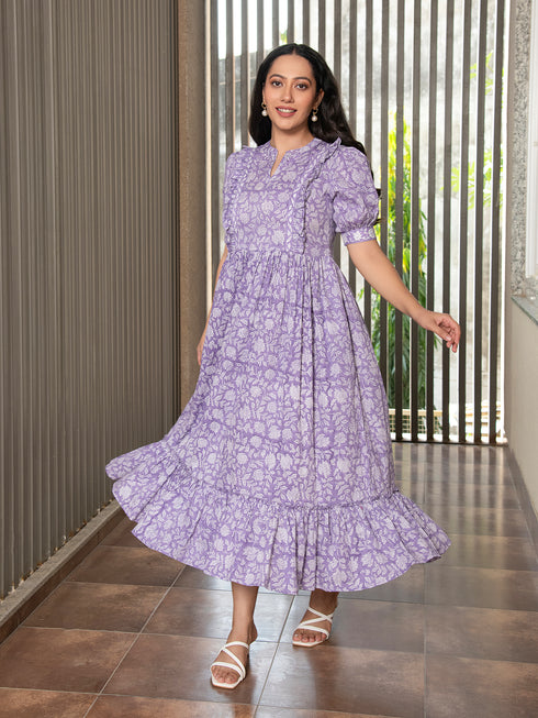 MULMUL PURPLE FLORAL JAAL BLOCK PRINTED DRESS MULMUL PURPLE FLORAL JAAL BLOCK PRINTED DRESS