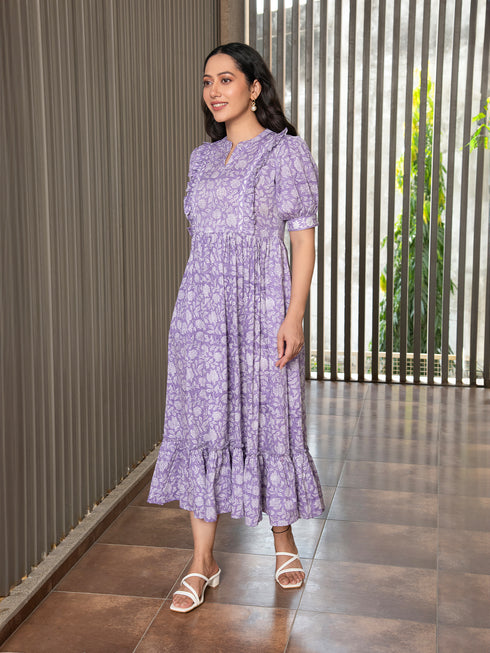MULMUL PURPLE FLORAL JAAL BLOCK PRINTED DRESS MULMUL PURPLE FLORAL JAAL BLOCK PRINTED DRESS
