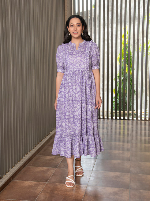 MULMUL PURPLE FLORAL JAAL BLOCK PRINTED DRESS MULMUL PURPLE FLORAL JAAL BLOCK PRINTED DRESS