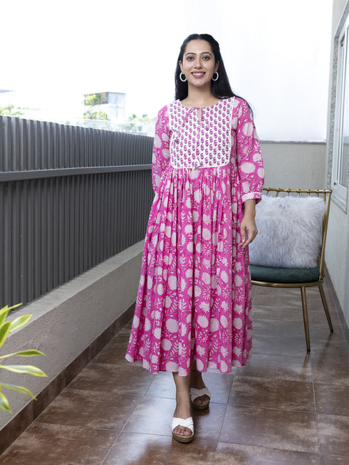 MULMUL IKSHITA FLORAL BLOCK PRINTED DRESS MULMUL IKSHITA FLORAL BLOCK PRINTED DRESS