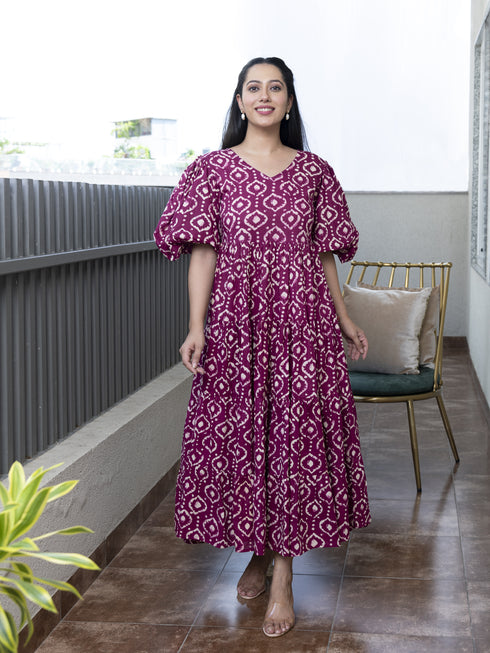 AAHELI DEEP ORCHID PRINTED COTTON TIERED DRESS AAHELI DEEP ORCHID PRINTED COTTON TIERED DRESS
