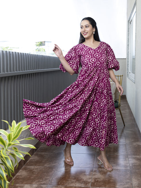 AAHELI DEEP ORCHID PRINTED COTTON TIERED DRESS AAHELI DEEP ORCHID PRINTED COTTON TIERED DRESS