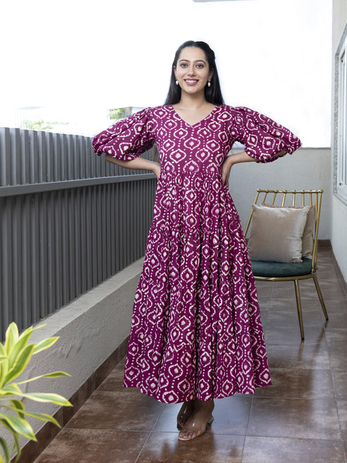 AAHELI DEEP ORCHID PRINTED COTTON TIERED DRESS AAHELI DEEP ORCHID PRINTED COTTON TIERED DRESS