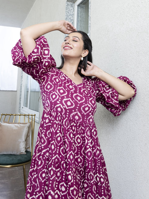 AAHELI DEEP ORCHID PRINTED COTTON TIERED DRESS AAHELI DEEP ORCHID PRINTED COTTON TIERED DRESS