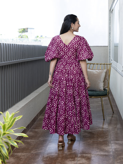 AAHELI DEEP ORCHID PRINTED COTTON TIERED DRESS AAHELI DEEP ORCHID PRINTED COTTON TIERED DRESS