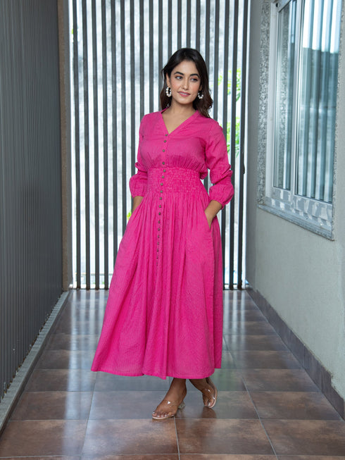 AAHELI FUCHSIA PINK COTTON KANTHA COMFY DRESS AAHELI FUCHSIA PINK COTTON KANTHA COMFY DRESS