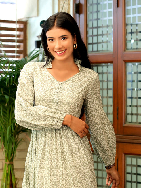 MULMUL OLIVE BLOSSOMS BLOCK PRINTED TIERED MAXI DRESS MULMUL OLIVE BLOSSOMS BLOCK PRINTED TIERED MAXI DRESS