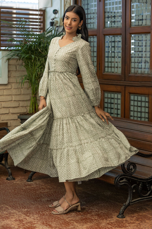 MULMUL OLIVE BLOSSOMS BLOCK PRINTED TIERED MAXI DRESS MULMUL OLIVE BLOSSOMS BLOCK PRINTED TIERED MAXI DRESS