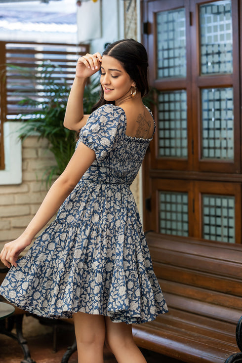 MULMUL NAVY BLOSSOMS BLOCK PRINTED TIERED MINI DRESS MULMUL NAVY BLOSSOMS BLOCK PRINTED TIERED MINI DRESS