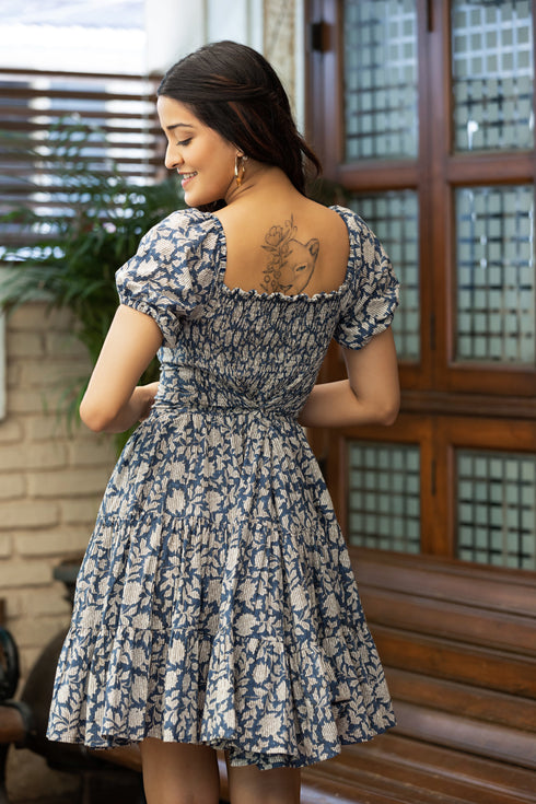 MULMUL NAVY BLOSSOMS BLOCK PRINTED TIERED MINI DRESS MULMUL NAVY BLOSSOMS BLOCK PRINTED TIERED MINI DRESS
