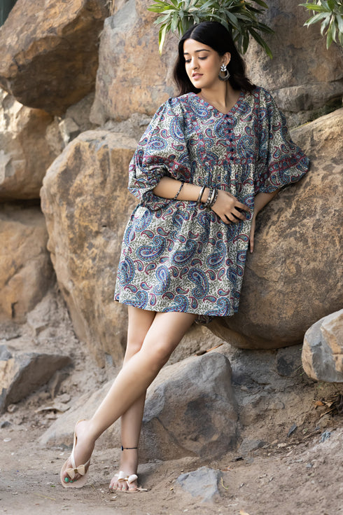 MULMUL KAIRI KALEIDOSCOPE BLOCK PRINTED MINI DRESS MULMUL KAIRI KALEIDOSCOPE BLOCK PRINTED MINI DRESS