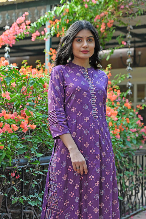 AAHELI PURPLE PRINTED HANDWORK KURTA WITH PANT SET AAHELI PURPLE PRINTED HANDWORK KURTA WITH PANT SET