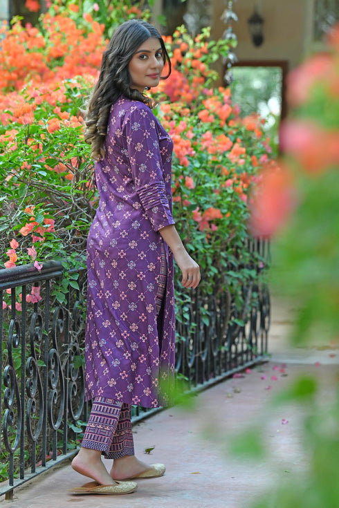 AAHELI PURPLE PRINTED HANDWORK KURTA WITH PANT SET AAHELI PURPLE PRINTED HANDWORK KURTA WITH PANT SET
