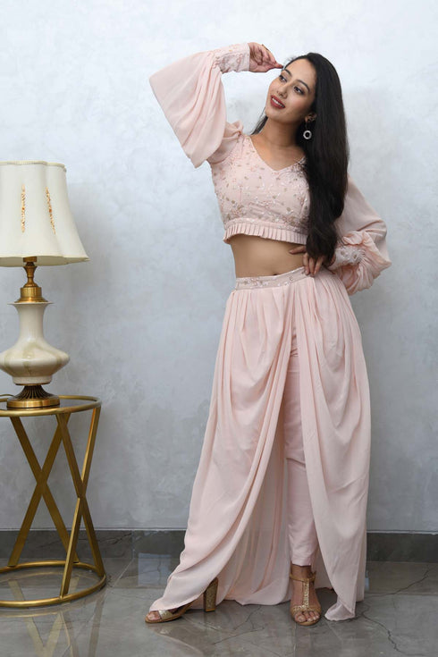 MULMUL BLUSH PINK CROP TOP WITH COWL PANTS MULMUL BLUSH PINK CROP TOP WITH COWL PANTS
