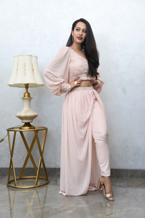 MULMUL BLUSH PINK CROP TOP WITH COWL PANTS MULMUL BLUSH PINK CROP TOP WITH COWL PANTS