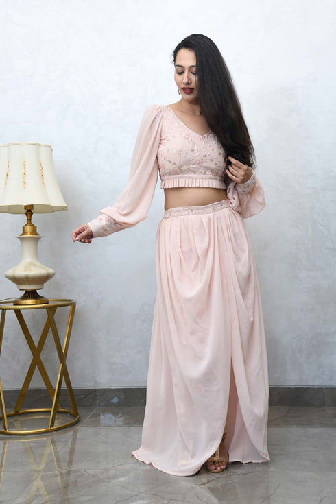 MULMUL BLUSH PINK CROP TOP WITH COWL PANTS MULMUL BLUSH PINK CROP TOP WITH COWL PANTS