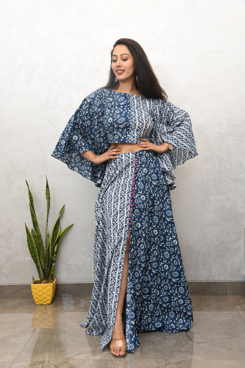 AAHELI NAVY PRINTED COTTON TOP & SKIRT SET AAHELI NAVY PRINTED COTTON TOP & SKIRT SET