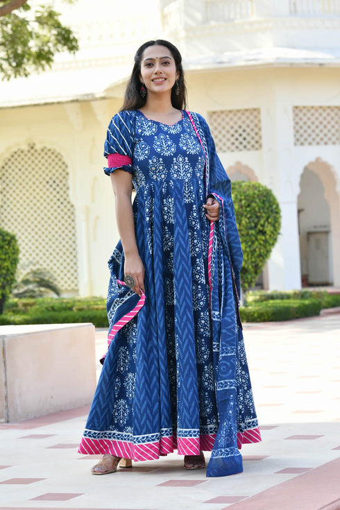 MULMUL ADWETA BLOCK PRINTED PANELED DRESS WITH DUPATTA MULMUL ADWETA BLOCK PRINTED PANELED DRESS WITH DUPATTA