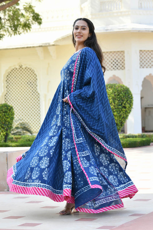 MULMUL ADWETA BLOCK PRINTED PANELED DRESS WITH DUPATTA MULMUL ADWETA BLOCK PRINTED PANELED DRESS WITH DUPATTA