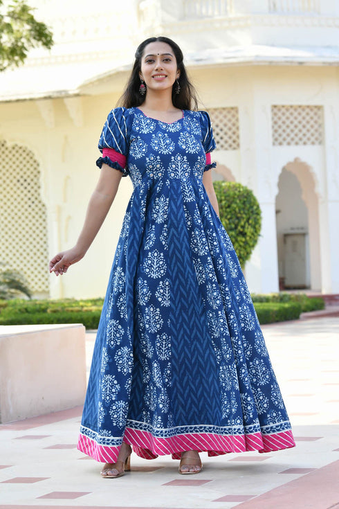 MULMUL ADWETA BLOCK PRINTED PANELED DRESS WITH DUPATTA MULMUL ADWETA BLOCK PRINTED PANELED DRESS WITH DUPATTA