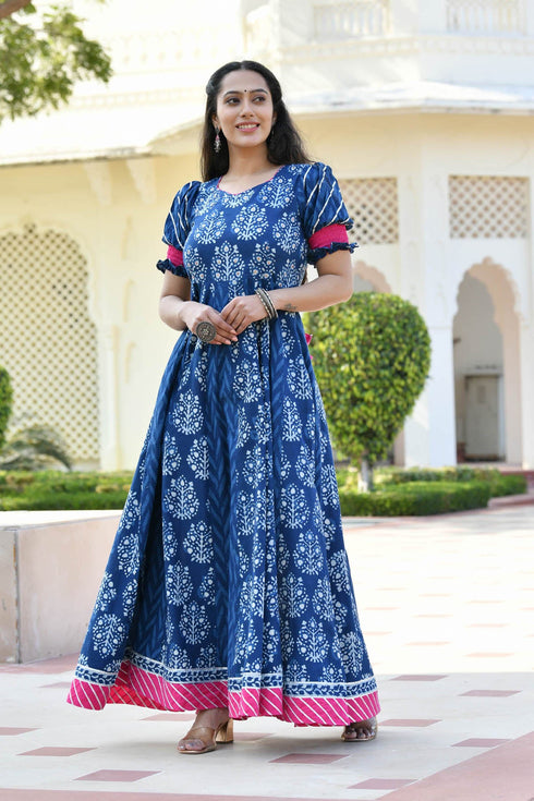 MULMUL ADWETA BLOCK PRINTED PANELED DRESS WITH DUPATTA MULMUL ADWETA BLOCK PRINTED PANELED DRESS WITH DUPATTA