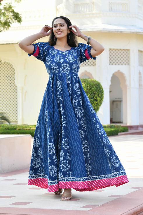 MULMUL ADWETA BLOCK PRINTED PANELED DRESS WITH DUPATTA MULMUL ADWETA BLOCK PRINTED PANELED DRESS WITH DUPATTA