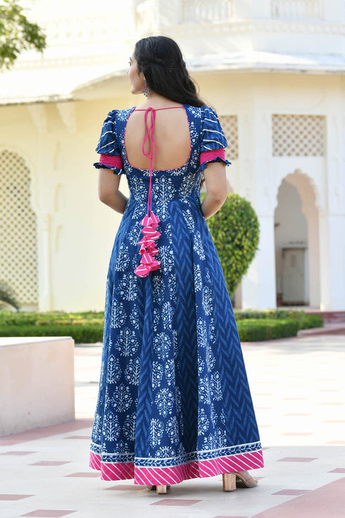 MULMUL ADWETA BLOCK PRINTED PANELED DRESS WITH DUPATTA MULMUL ADWETA BLOCK PRINTED PANELED DRESS WITH DUPATTA