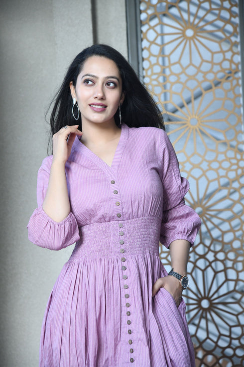 AAHELI MAUVE COTTON KANTHA COMFY DRESS AAHELI MAUVE COTTON KANTHA COMFY DRESS