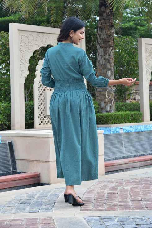 AAHELI PRUSSIAN BLUE COTTON KANTHA COMFY DRESS AAHELI PRUSSIAN BLUE COTTON KANTHA COMFY DRESS