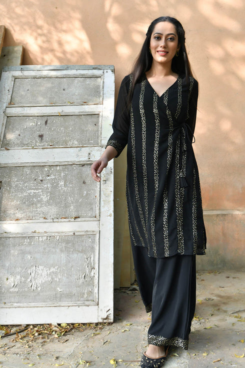 MULMUL CIARA BLACK SEQUIN ANGRAKHA KURTA SET MULMUL CIARA BLACK SEQUIN ANGRAKHA KURTA SET