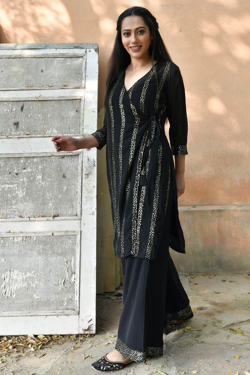 MULMUL CIARA BLACK SEQUIN ANGRAKHA KURTA SET MULMUL CIARA BLACK SEQUIN ANGRAKHA KURTA SET