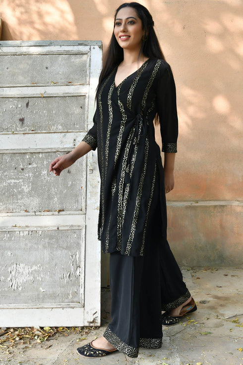 MULMUL CIARA BLACK SEQUIN ANGRAKHA KURTA SET MULMUL CIARA BLACK SEQUIN ANGRAKHA KURTA SET