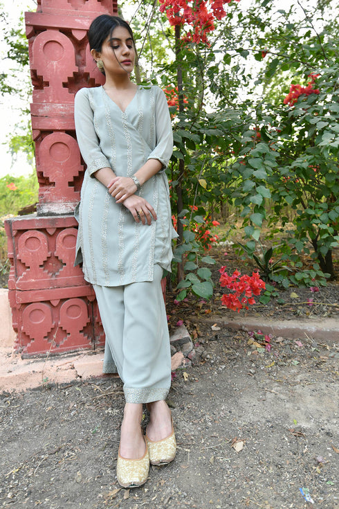 MULMUL SAGE GREY SEQUIN ANGRAKHA KURTA SET MULMUL SAGE GREY SEQUIN ANGRAKHA KURTA SET