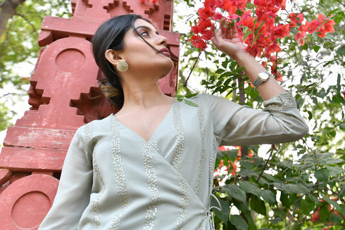 MULMUL SAGE GREY SEQUIN ANGRAKHA KURTA SET MULMUL SAGE GREY SEQUIN ANGRAKHA KURTA SET