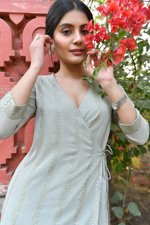 MULMUL SAGE GREY SEQUIN ANGRAKHA KURTA SET MULMUL SAGE GREY SEQUIN ANGRAKHA KURTA SET