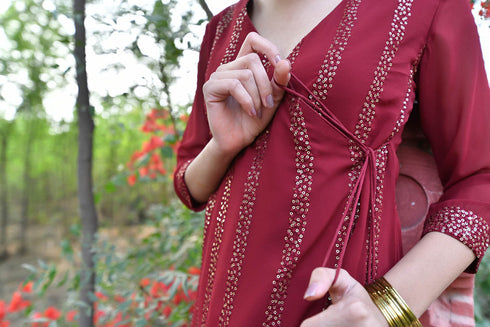 MULMUL CHERRY MAROON SEQUIN ANGRAKHA KURTA SET MULMUL CHERRY MAROON SEQUIN ANGRAKHA KURTA SET