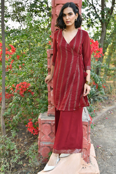 MULMUL CHERRY MAROON SEQUIN ANGRAKHA KURTA SET MULMUL CHERRY MAROON SEQUIN ANGRAKHA KURTA SET