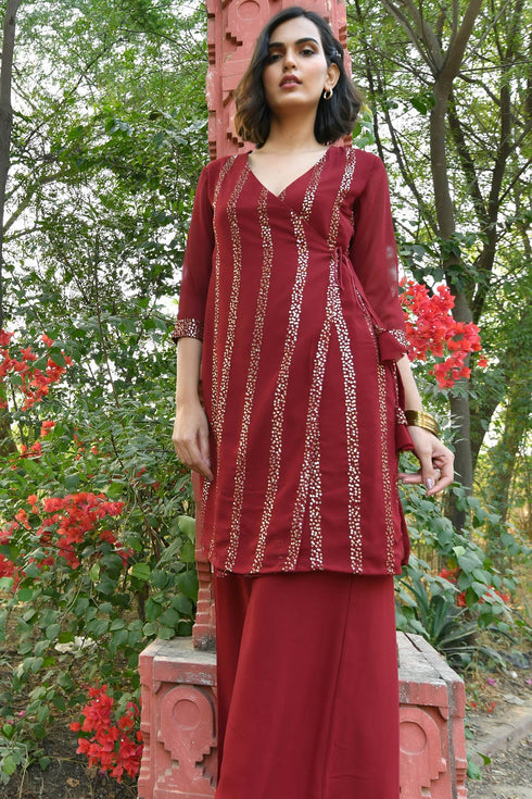 MULMUL CHERRY MAROON SEQUIN ANGRAKHA KURTA SET MULMUL CHERRY MAROON SEQUIN ANGRAKHA KURTA SET