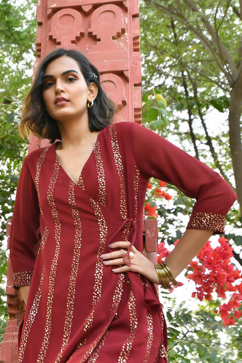 MULMUL CHERRY MAROON SEQUIN ANGRAKHA KURTA SET MULMUL CHERRY MAROON SEQUIN ANGRAKHA KURTA SET