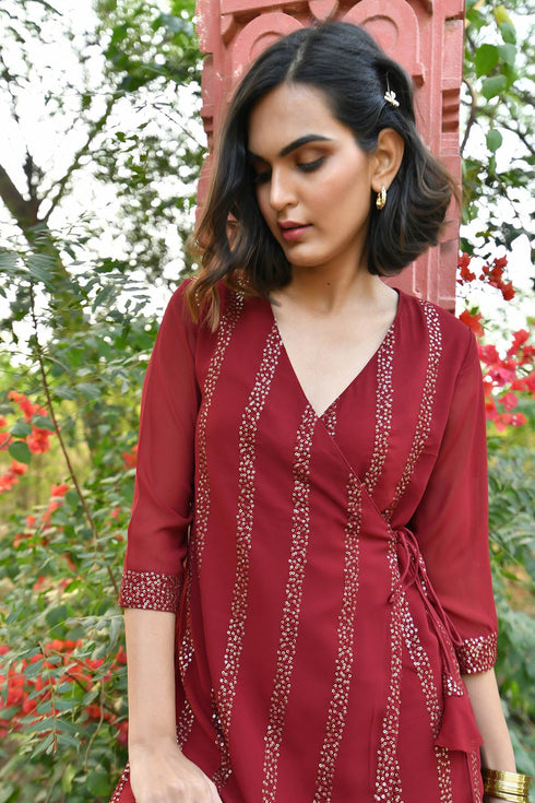 MULMUL CHERRY MAROON SEQUIN ANGRAKHA KURTA SET MULMUL CHERRY MAROON SEQUIN ANGRAKHA KURTA SET