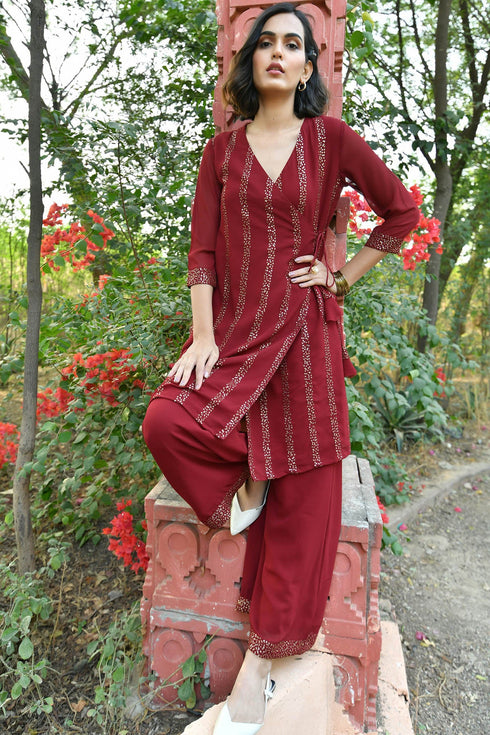 MULMUL CHERRY MAROON SEQUIN ANGRAKHA KURTA SET MULMUL CHERRY MAROON SEQUIN ANGRAKHA KURTA SET