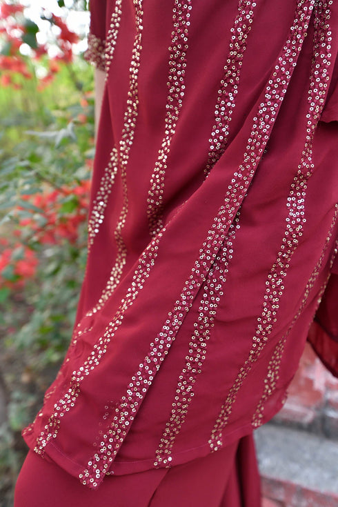 MULMUL CHERRY MAROON SEQUIN ANGRAKHA KURTA SET MULMUL CHERRY MAROON SEQUIN ANGRAKHA KURTA SET