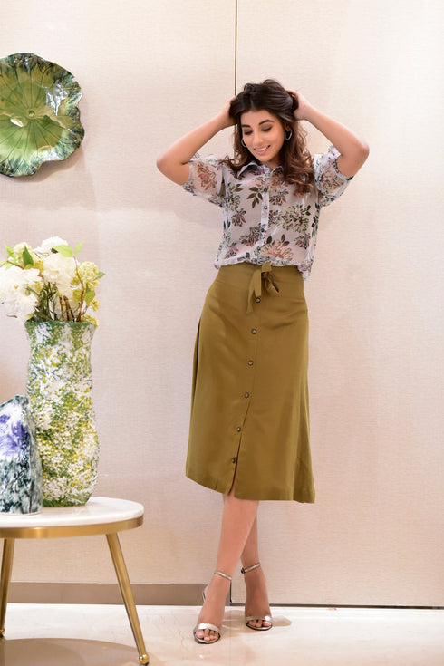 AAHELI OLIVE SKIRT TOP WITH SHIRT SET AAHELI OLIVE SKIRT TOP WITH SHIRT SET
