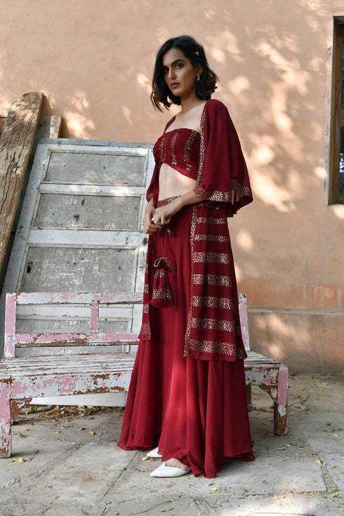 MULMUL MAROON SEQUIN JACKET PLAZZO & BANDEAU TOP SET MULMUL MAROON SEQUIN JACKET PLAZZO & BANDEAU TOP SET