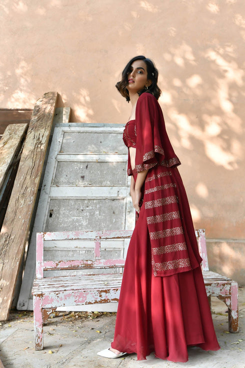 MULMUL MAROON SEQUIN JACKET PLAZZO & BANDEAU TOP SET MULMUL MAROON SEQUIN JACKET PLAZZO & BANDEAU TOP SET